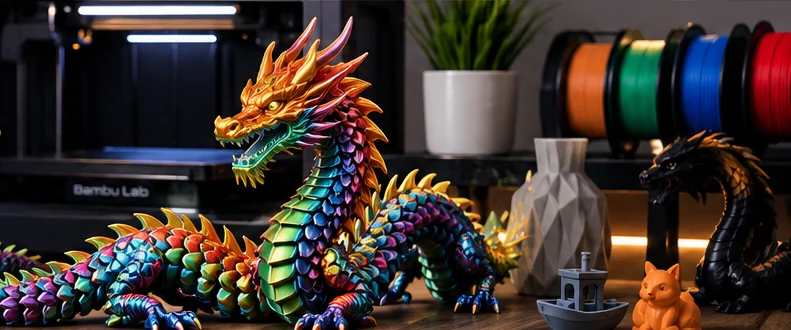 Illustrative concept of 3D printed dragon and 3D printer